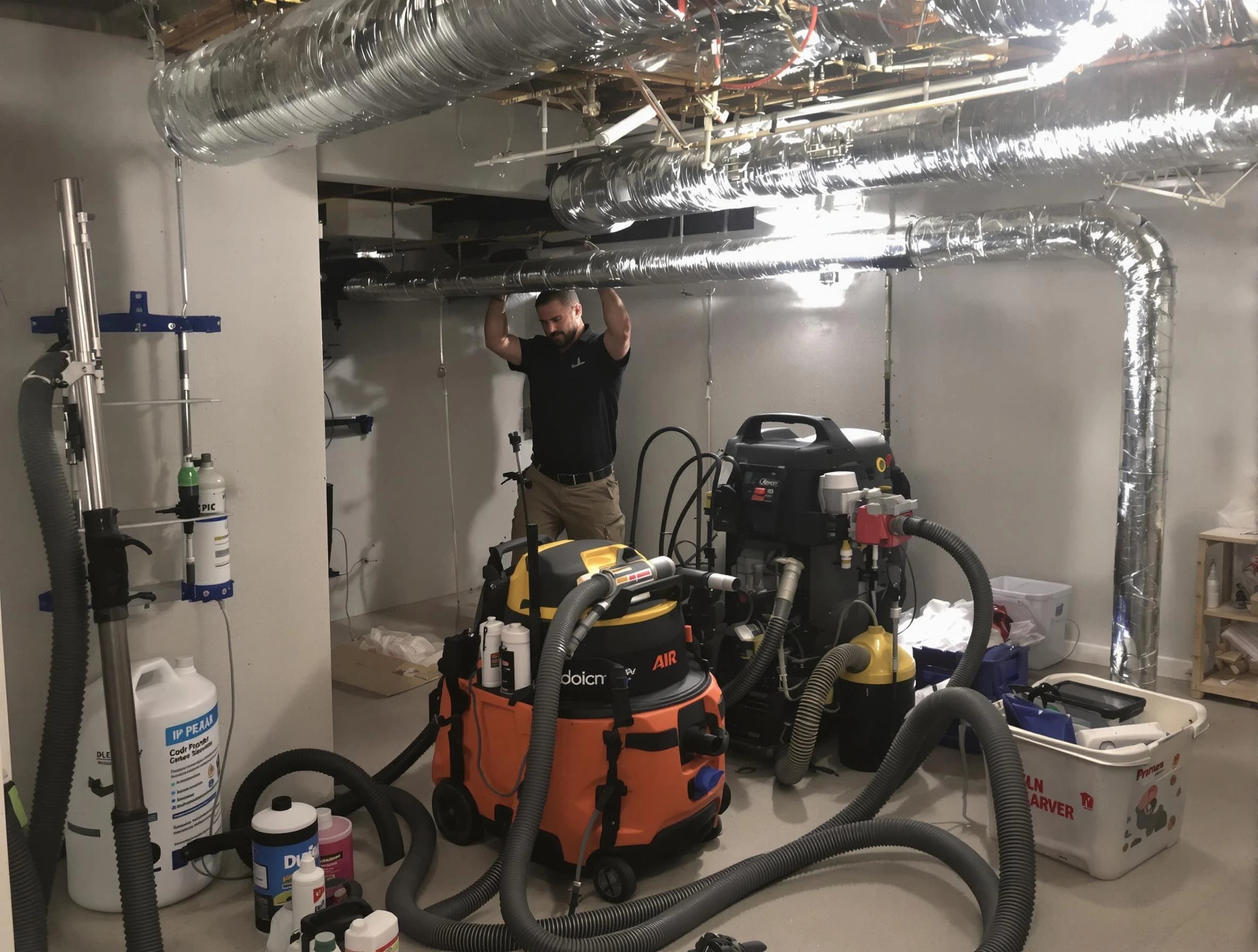 Methuen Town Air Duct Cleaning specialist performing professional mold removal from air ducts using safety equipment in Methuen Town