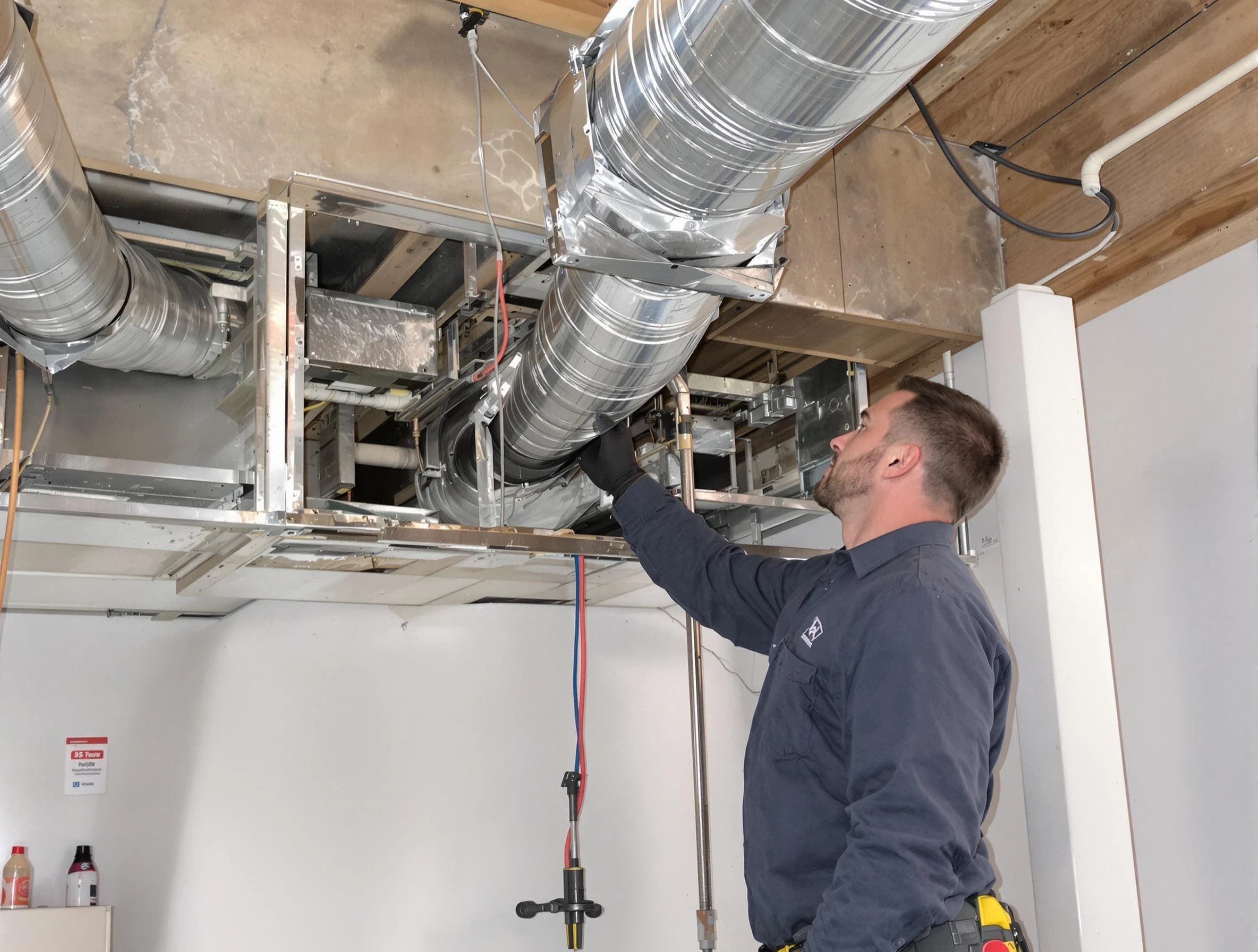 Methuen Town Air Duct Cleaning technician performing professional air duct repair using specialized tools in Methuen Town